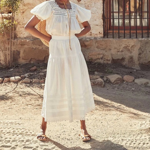 DOEN White Lightweight Square Neck Button Down Lace Puff Sleeve Anneth Blouse M - Picture 12 of 17
